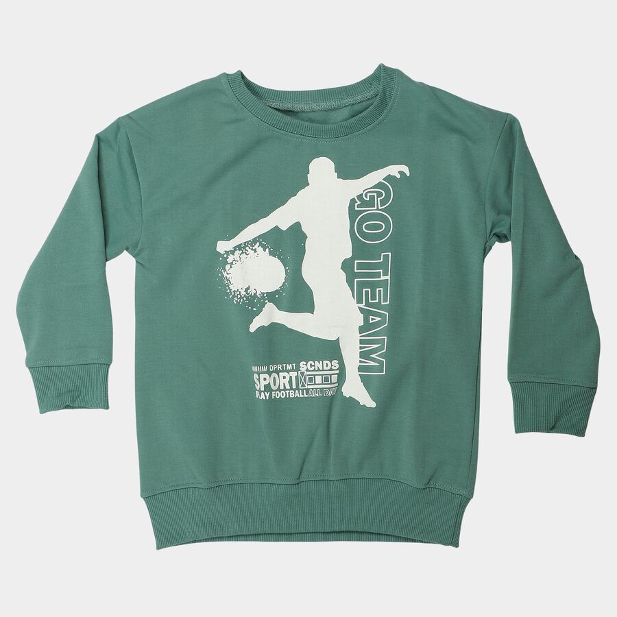 Boys' Green Crew Neck Graphic Print Sweatshirt, गहरा हरा, large