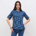 Women's Dark Denim Blue Mandarin Collar Floral Printed Kurti, गहरा नीला, small image number null