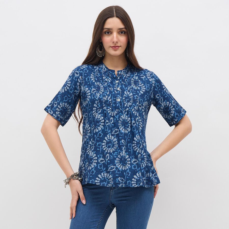 Women's Dark Denim Blue Mandarin Collar Floral Printed Kurti, गहरा नीला, large image number null