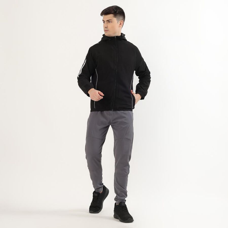 Men's Jet Black Hooded Athleisure Jacket, Black, large image number null
