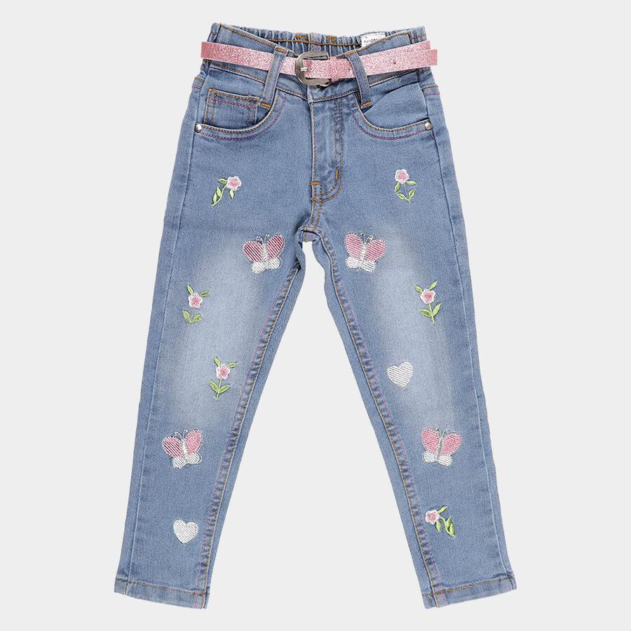 Girls' Light Blue Regular Fit Embroidered Jeans, Mid Blue, large image number null