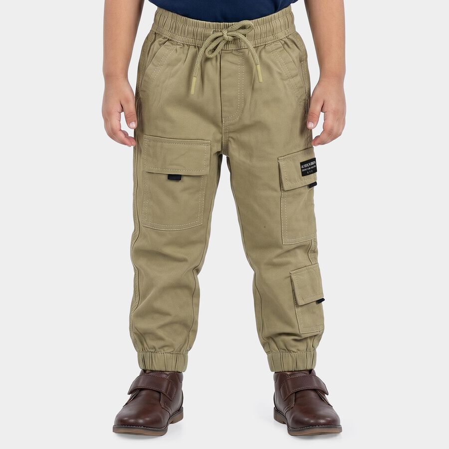 Boys' Olive Green Regular Fit Cargo Trousers, ओलिव, large