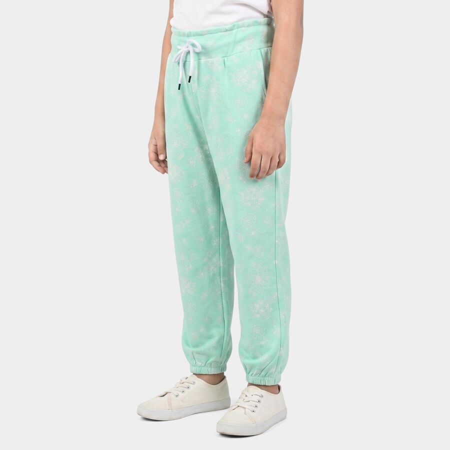 Girls' Mint Green Jogger Floral Printed Pyjama, हल्का हरा, large