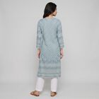 Women's Blue Round Neck Tie-Up Printed Kurta, मध्यम नीला, small