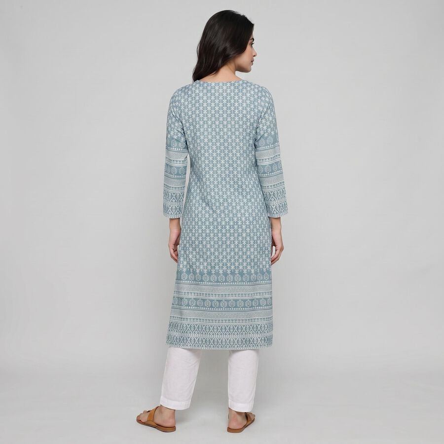 Women's Blue Round Neck Tie-Up Printed Kurta, मध्यम नीला, large