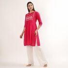Women's Fuchsia White Cotton Notch Neck Printed Kurta, रानी (फ्यूशिया), small