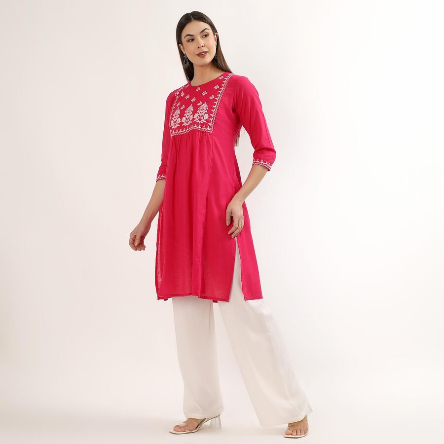 Women's Fuchsia White Cotton Notch Neck Printed Kurta, रानी (फ्यूशिया), large