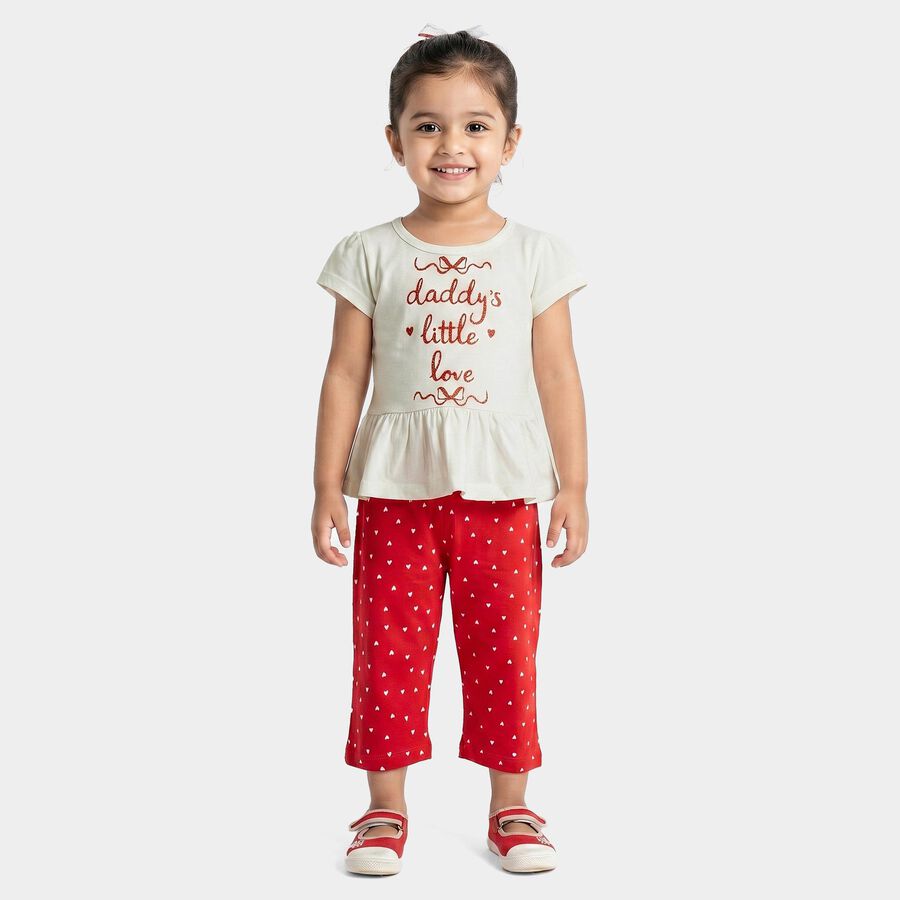 Girls White Cotton Round Neck T-Shirt Set Capri Set, White, large