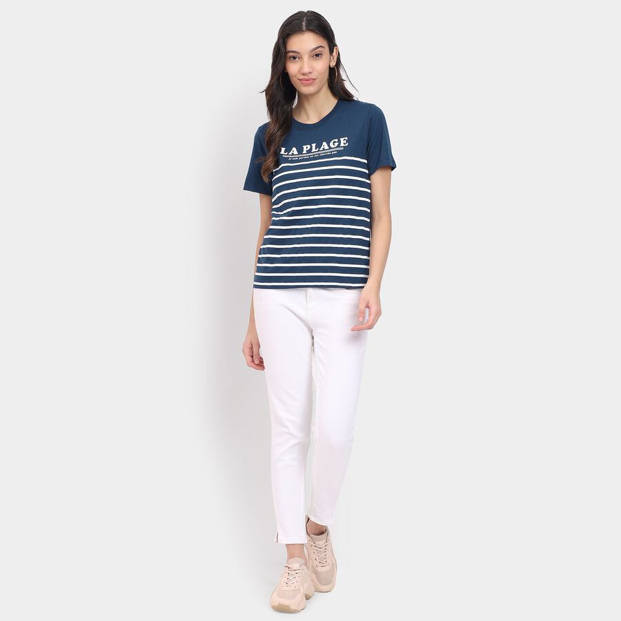 Ladies'  Stripes Round Neck T-Shirt, नेवी ब्लू, large image number null
