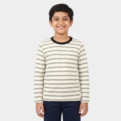Boys' Off White Round Neck Striped Regular T-Shirt