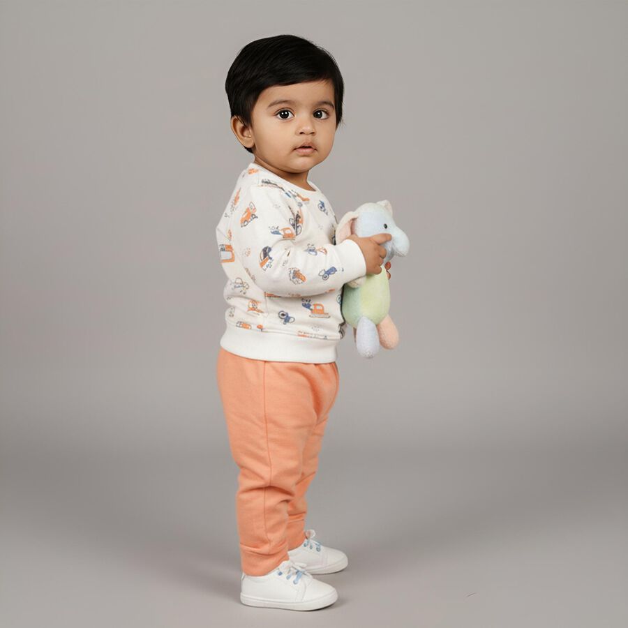 Infants White and Peach Printed Baba Suit, Off White, large image number null