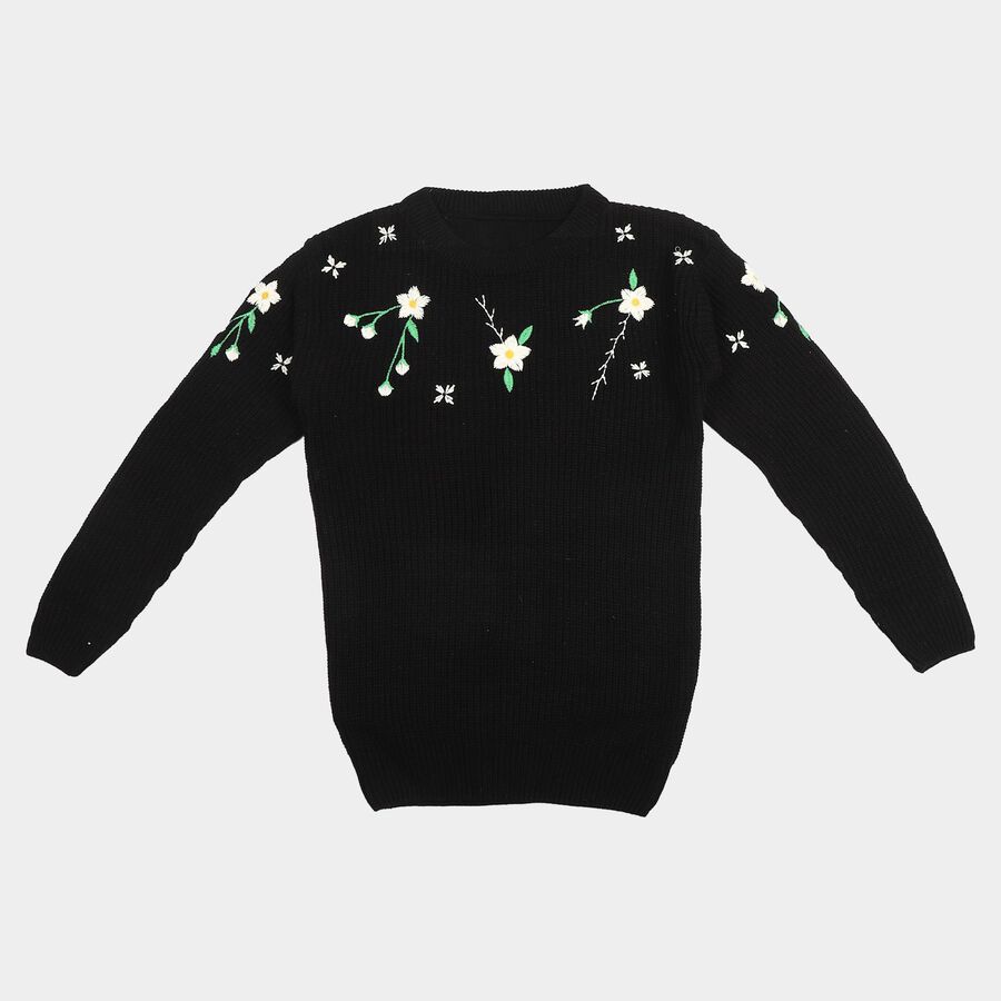 Girls Black Crew Neck Embroidered Pullover, काला, large