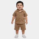 Infants' Brown 100% Cotton Collar Neck Textured Baba Suit, Brown, small