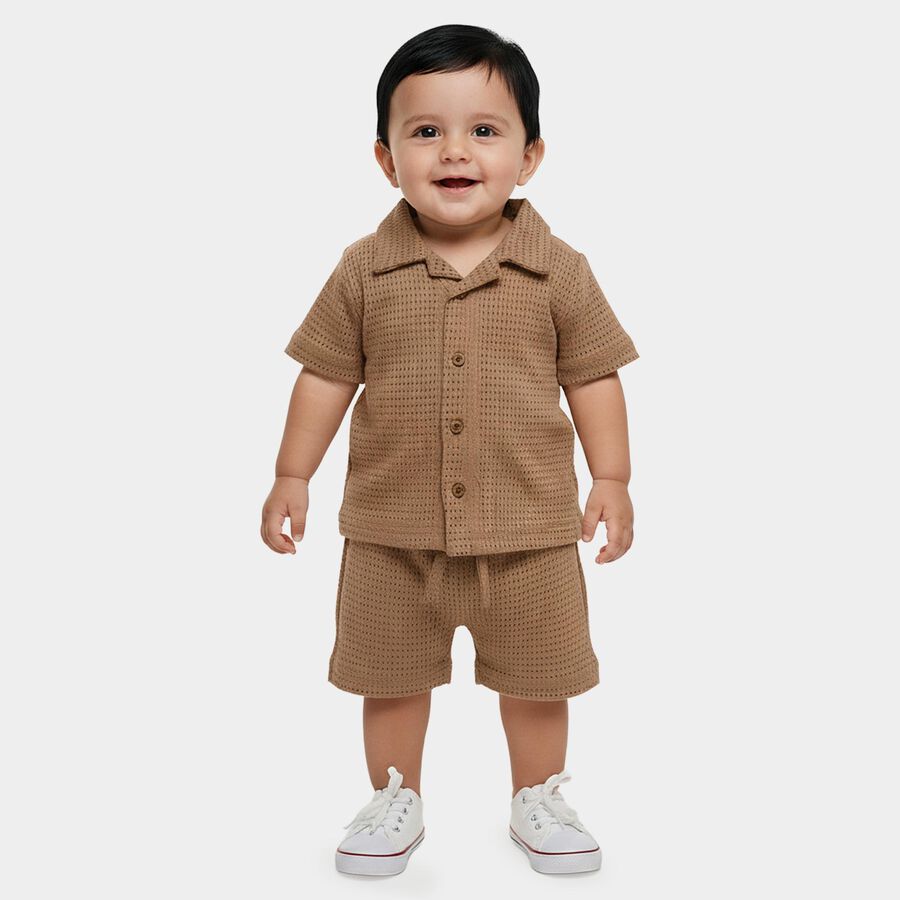 Infants' Brown 100% Cotton Collar Neck Textured Baba Suit, Brown, large