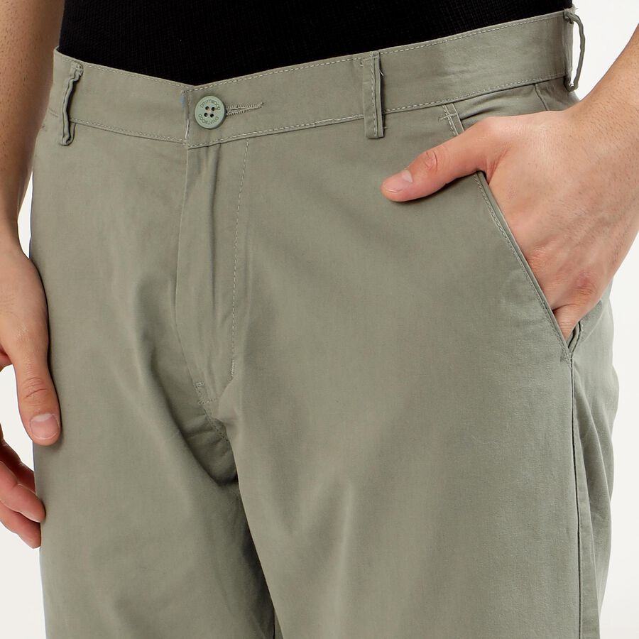 Men's Muted Olive Green Slim Fit Flat-Front Casual Trousers, Light Green, large