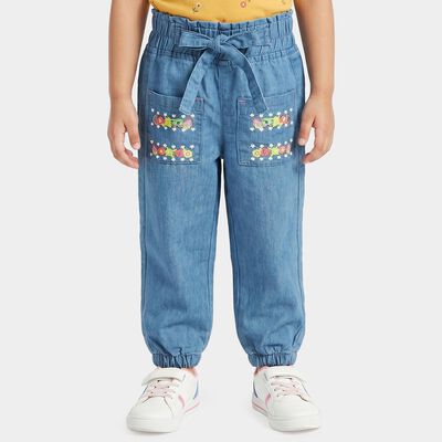Girls Light Blue Jogger Fit Embroidered Jeans