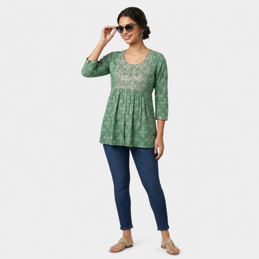 Women's Green Round Neck Printed Kurti, हल्का हरा, large