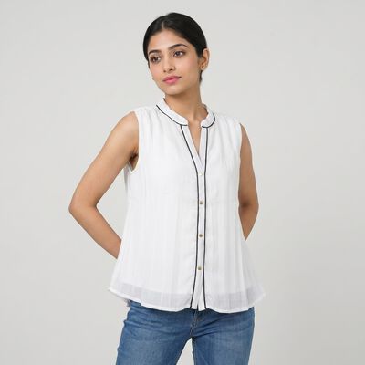 Women's White Solid Band Collar Regular Fit Shirt