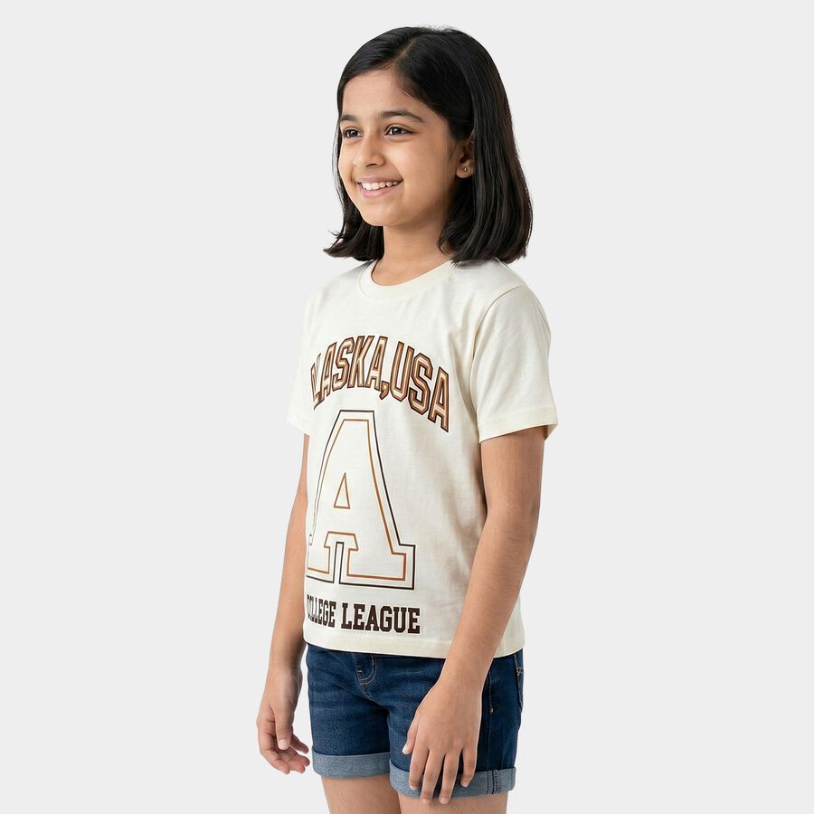 Girls White Round Neck Regular T-Shirt, सफ़ेद, large