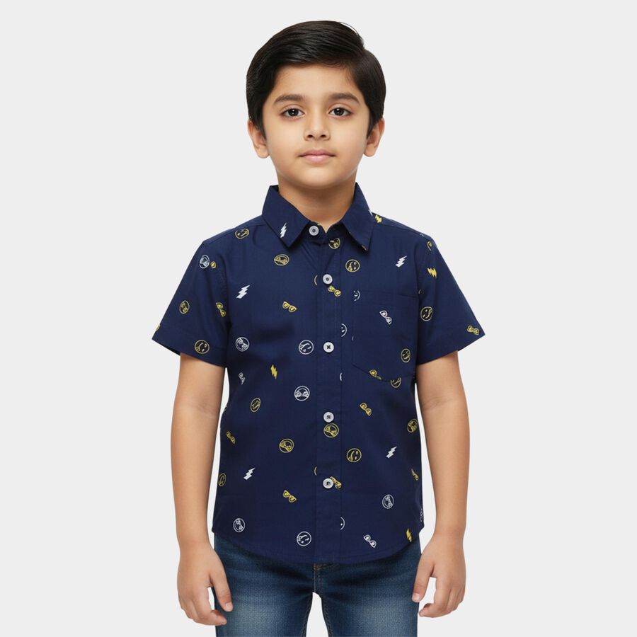 Boys Navy Blue Cotton Half Sleeve Classic Collar Casual Shirt, Navy Blue, large