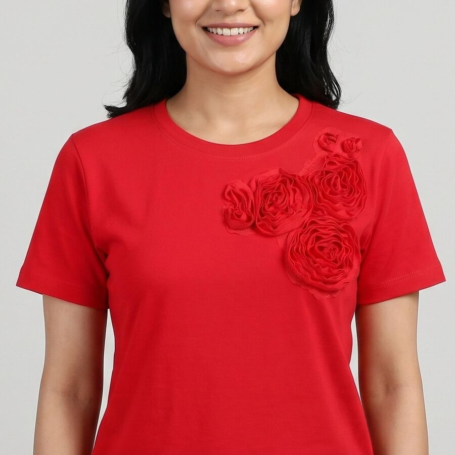 Women Fuchsia Round Neck Casual T-Shirt, Fuchsia, large