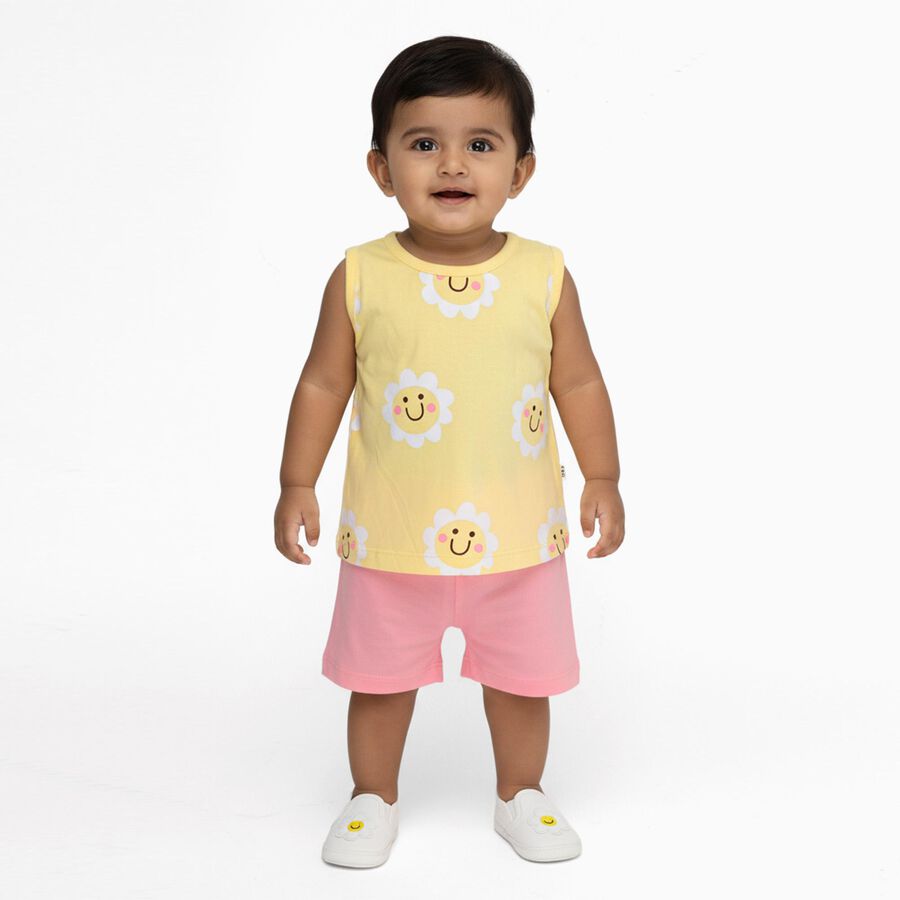 Infant Girl Bright Yellow Cotton Sleeveless Floral Top and Soft Pink Shorts Set, Light Pink, large