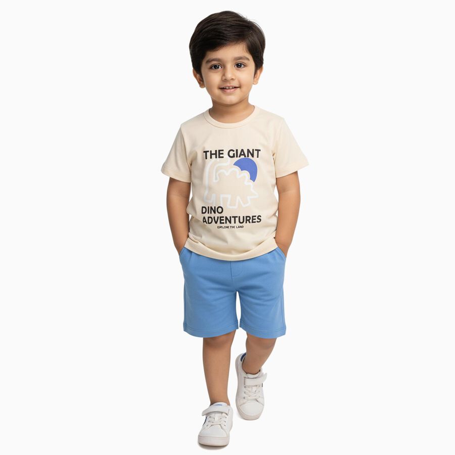 Infants' Beige Cotton Round Neck Graphic Baba Suit, मध्यम नीला, large image number null