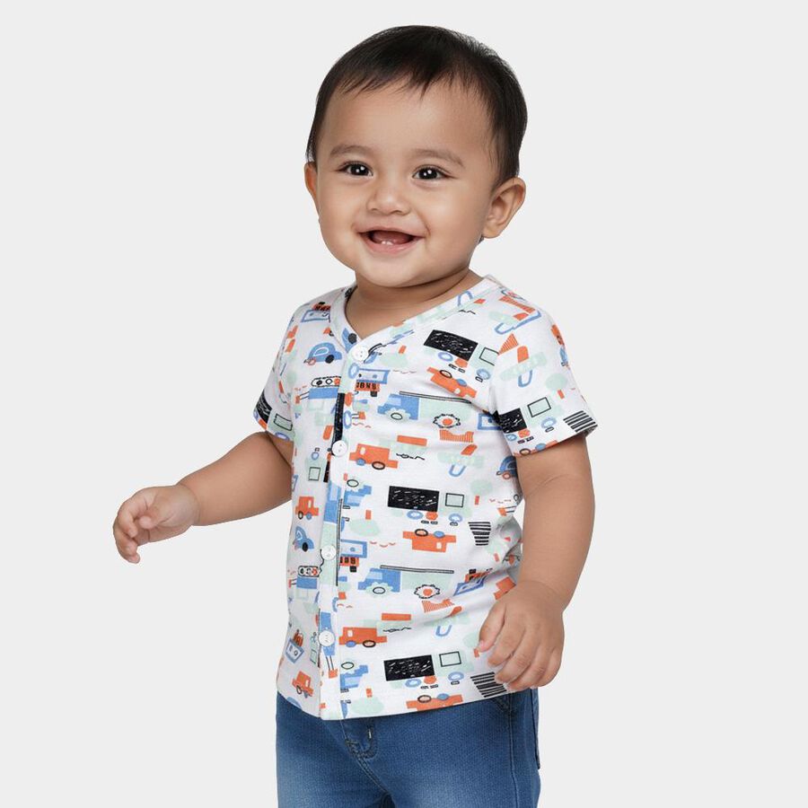 Infants White Cotton V-Neck Printed T-Shirt, सफ़ेद, large