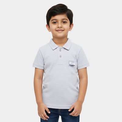 Boys' Light Blue Cotton Polo Neck Striped T-Shirt