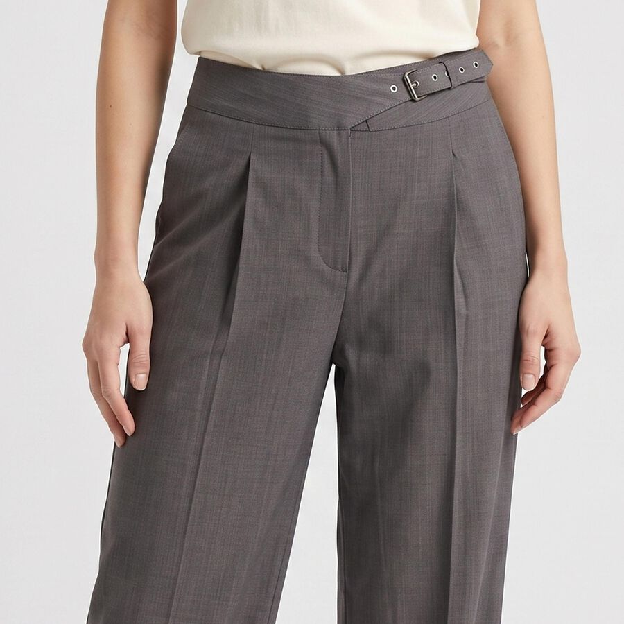 Women's Grey Wide Leg Belted Trousers, गहरा ग्रे, large