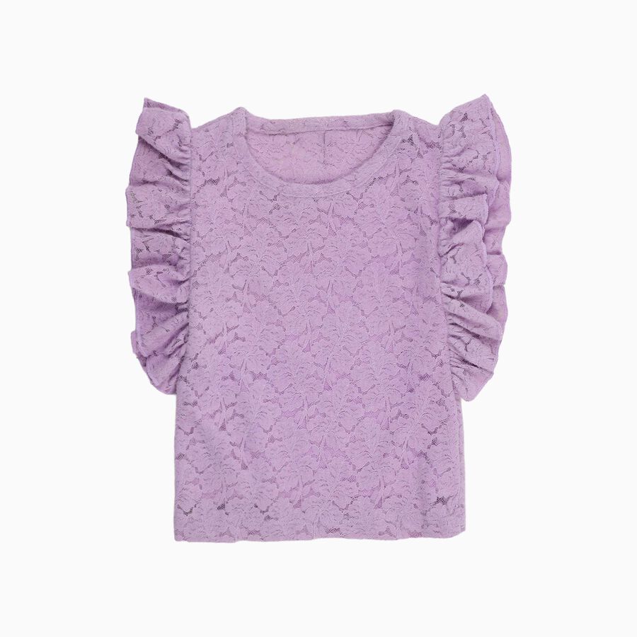 Girls' Soft Lavender Round Neck Romantic T-Shirt, लाइलेक, large image number null
