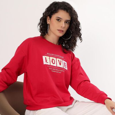 Women's Bright Cherry Red Crew Neck Casual Sweatshirt