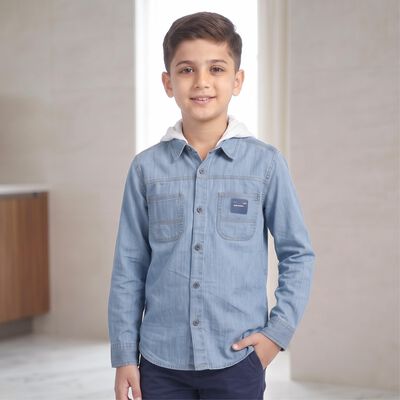 Boys Light Blue Long Sleeves Hooded Shirt