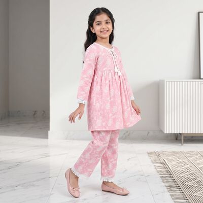Girls Pink Round Neck Fusion Set Upper and Bottom Set