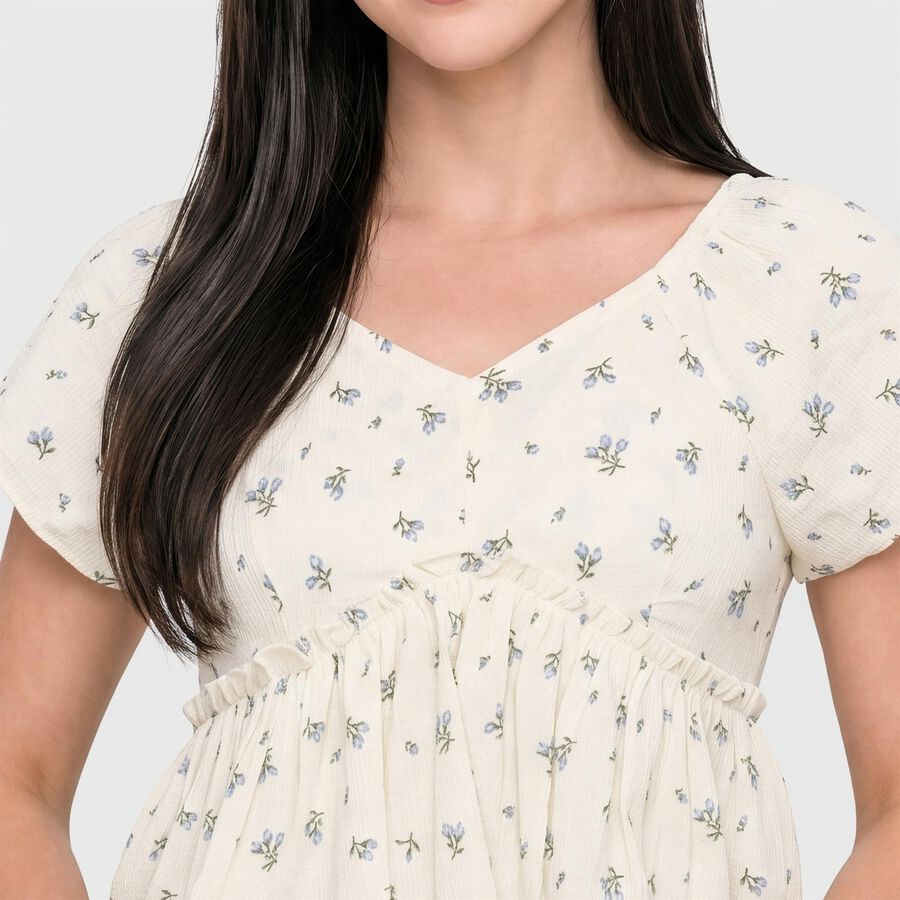Women's White Floral V Neck Shirt, सफ़ेद, large