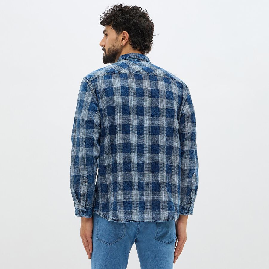 Men's Deep Denim Blue Cotton Full Sleeve Spread Collar Casual Shirt, मध्यम नीला, large image number null