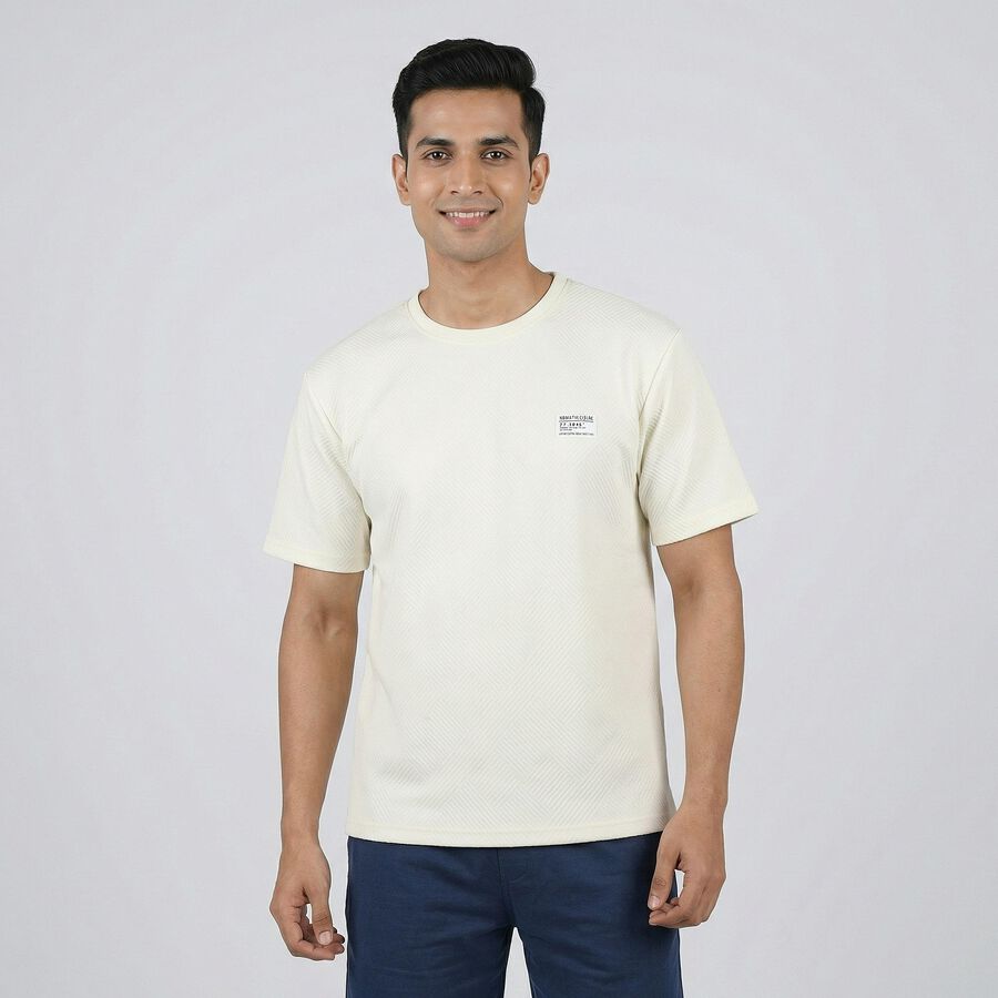 Men's Ecru Melange Round Neck Athleisure T-Shirt, Ecru Melange, large