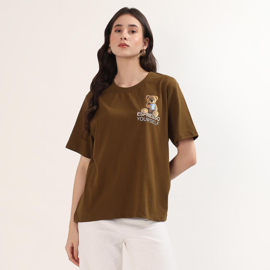 Women's Olive 100% Cotton Round Neck Minimalist T-Shirt, Olive, large