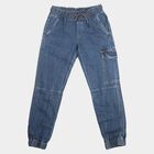 Boys' Blue Relaxed Fit Cargo Jeans, गहरा नीला, small