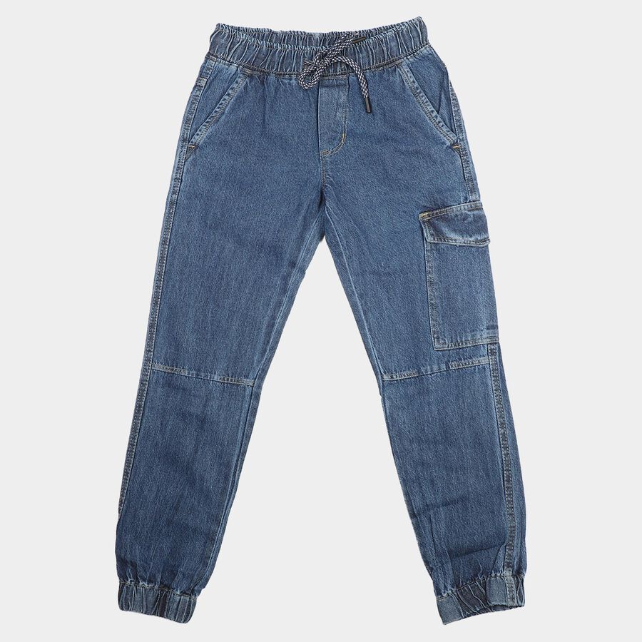 Boys' Blue Relaxed Fit Cargo Jeans, गहरा नीला, large