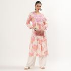 Women's Light Pink Cotton Round Neck Mirror Work Floral Printed Kurti, हल्का गुलाबी, small image number null