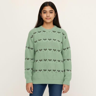 Girls Light Sage Green Crew Neck Casual Pullover