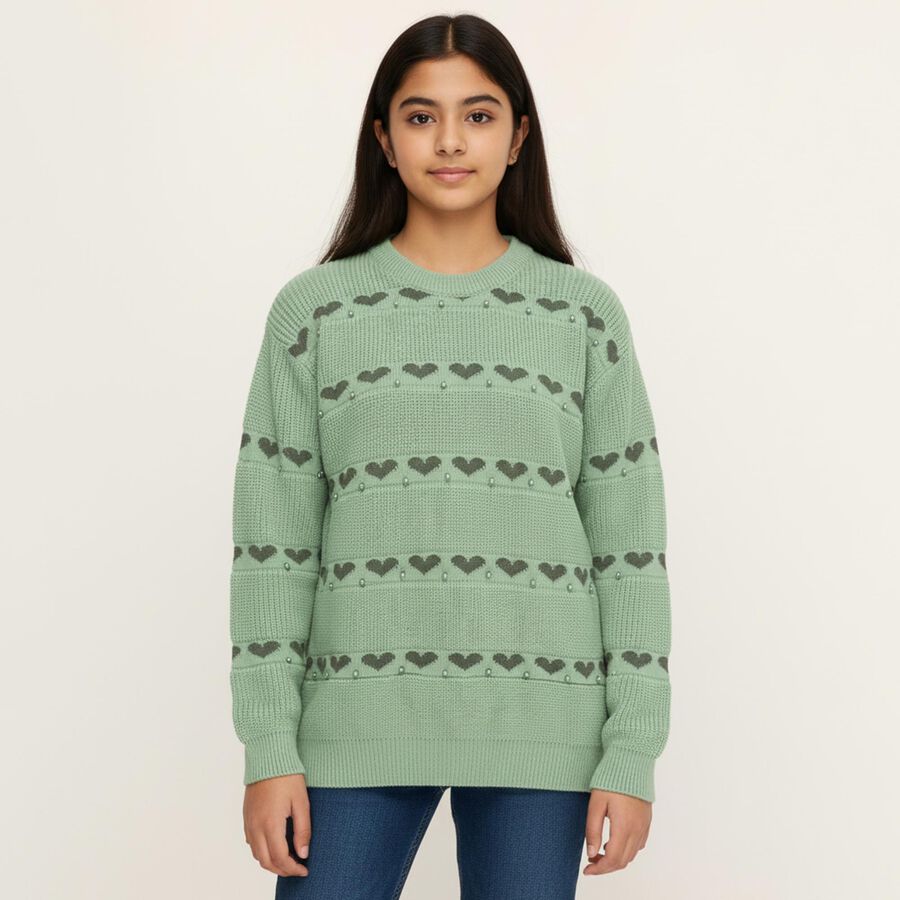 Girls Light Sage Green Crew Neck Casual Pullover, हल्का हरा, large image number null