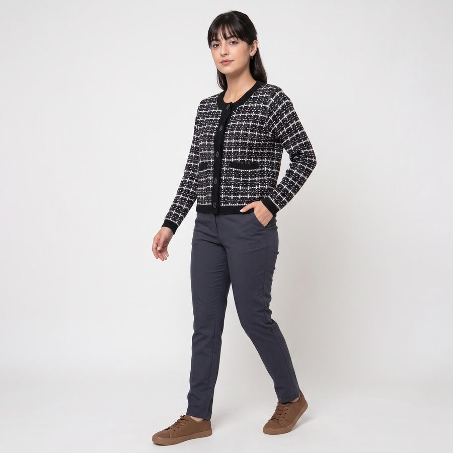 Women's Black Round Neck Button-Front Cardigan, Black, large