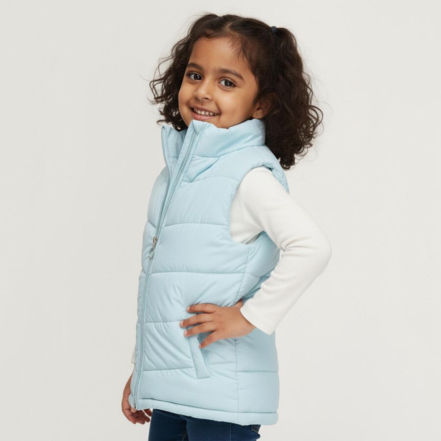 Girls' Light Blue High Neck Sleeveless Jacket, Light Blue, large image number null