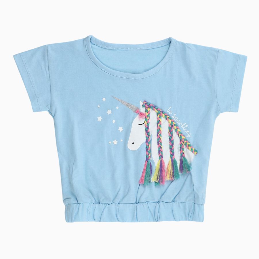 Girls Light Powder Blue Cotton Round Neck Casual T-Shirt, Light Blue, large