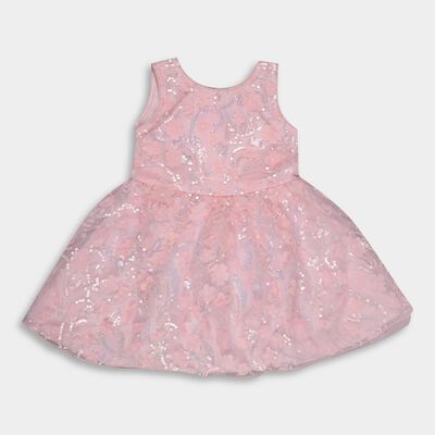 Girls' Soft Pink Embellished Sleeveless Flared Frock