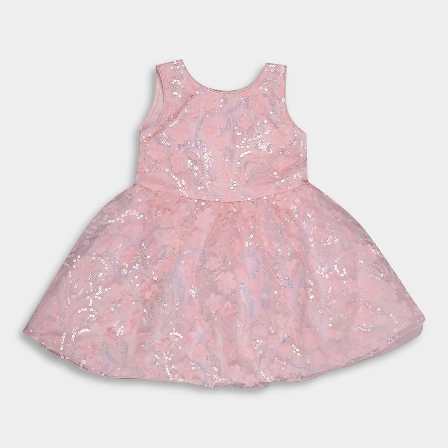 Girls' Soft Pink Embellished Sleeveless Flared Frock, Light Pink, large image number null