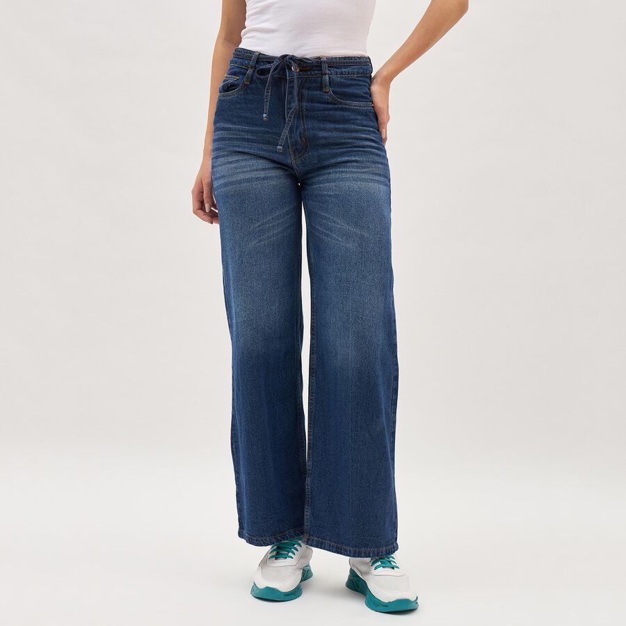 Women's Deep Indigo Wide-Leg High-Rise Jeans, मध्यम नीला, large image number null