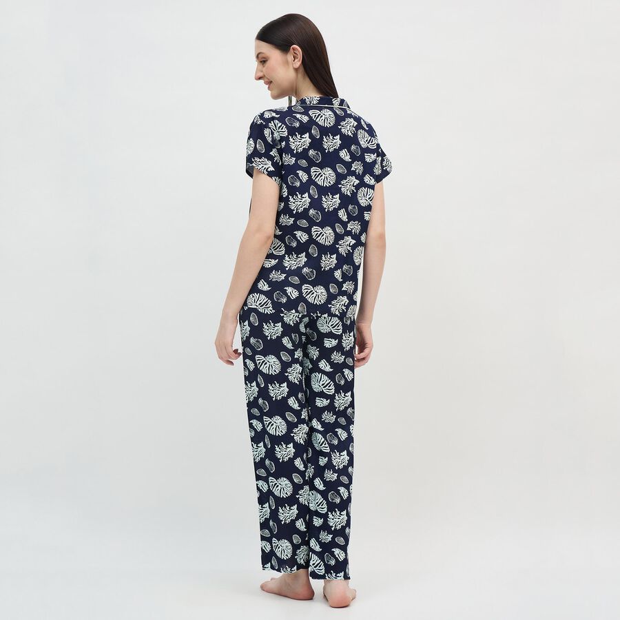 Women's Midnight Navy Blue Notch Neck Printed Night Suit, Navy Blue, large image number null